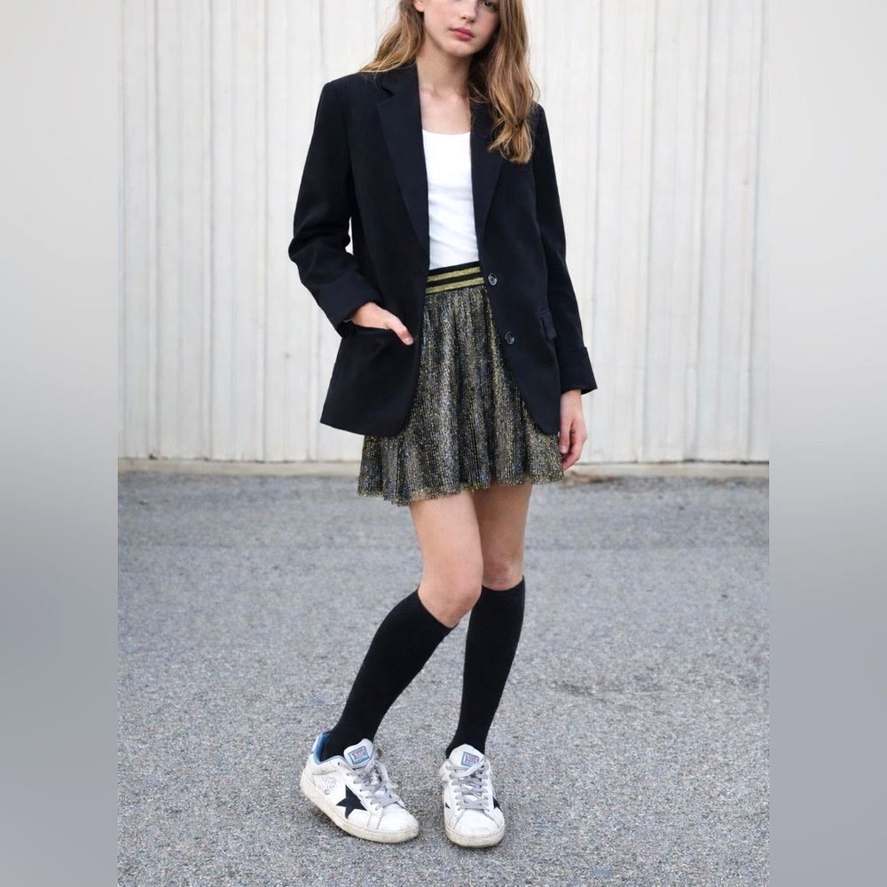 H&M Black and Gold Pleated Chiffon Elastic waistband Mini Skirt L Preppy Chic